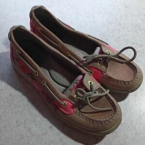 Sperry Top Sider Leather Boat Shoes Sz 7 Preppy Nautical Classic Brown Pink Trim